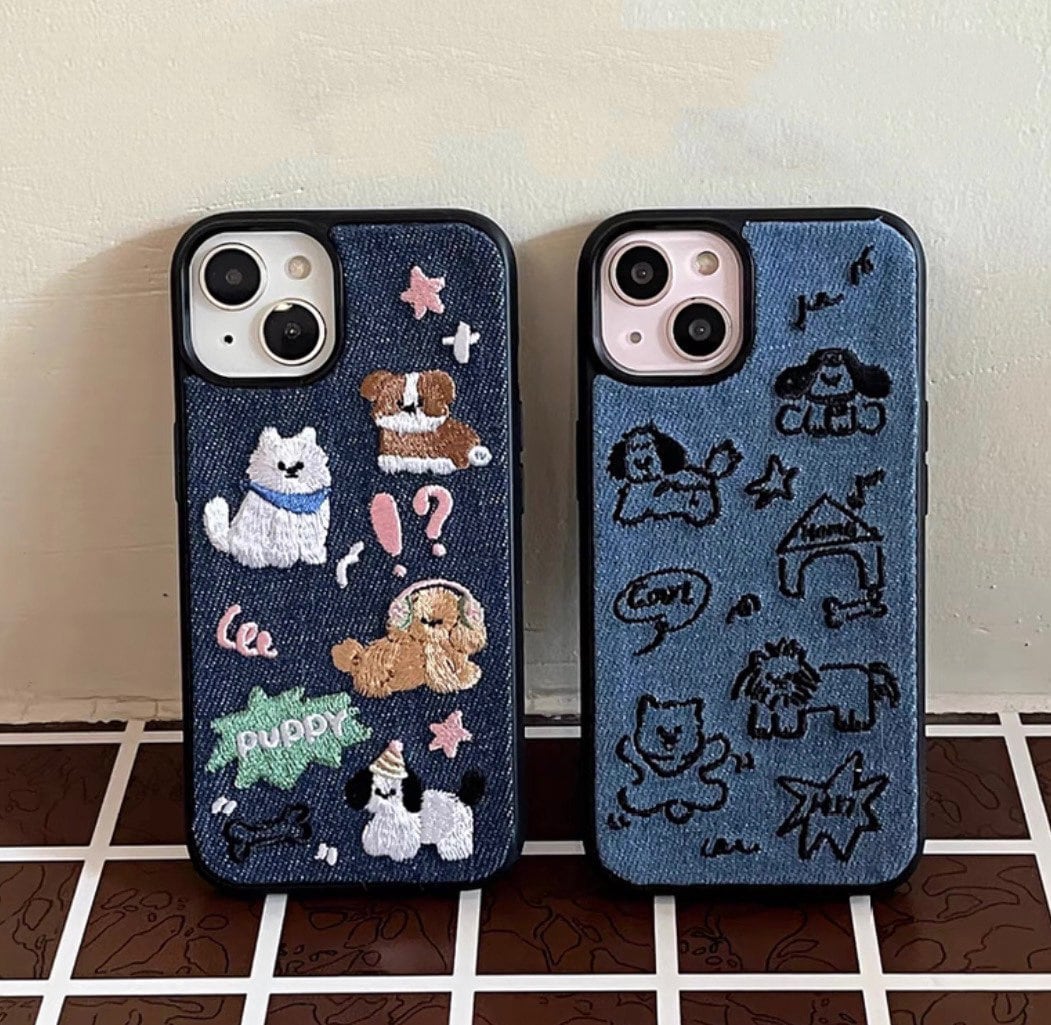 Embroidered Puppy iPhone Case: Denim Style Dog Lover Gift