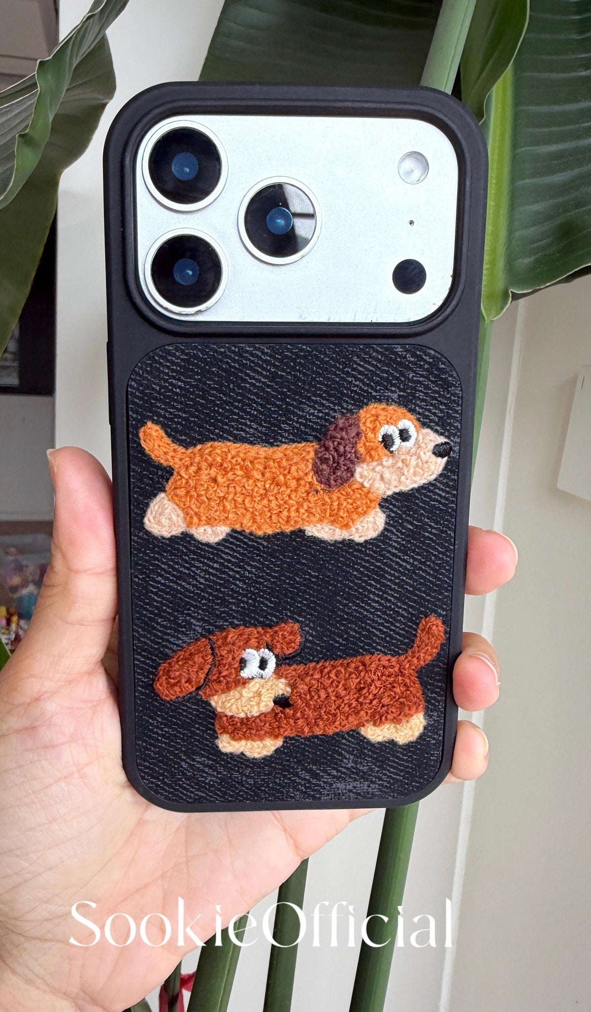 Denim Plush Cat Dog Couple iPhone Case Embroidered Animal Cover Cozy Textured Accessory