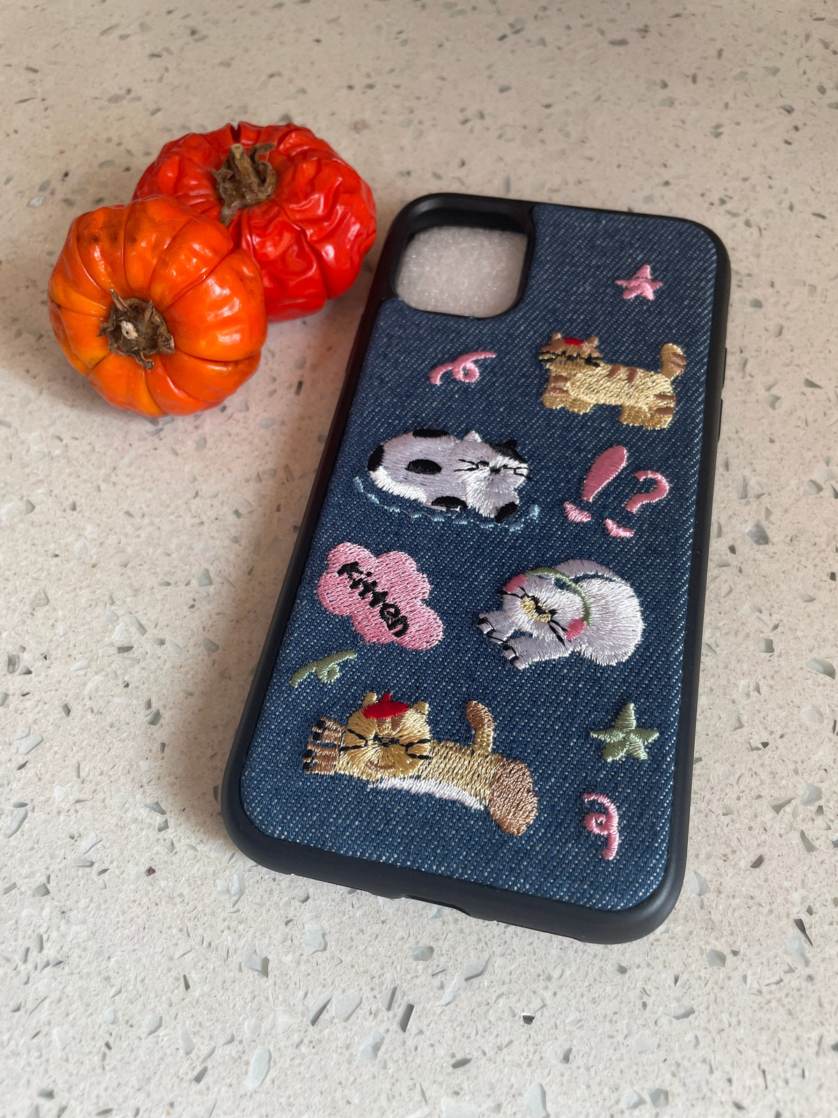 Denim Embroidered Cat iPhone Case 3D Embroidered Kitty Design for pet lover gift