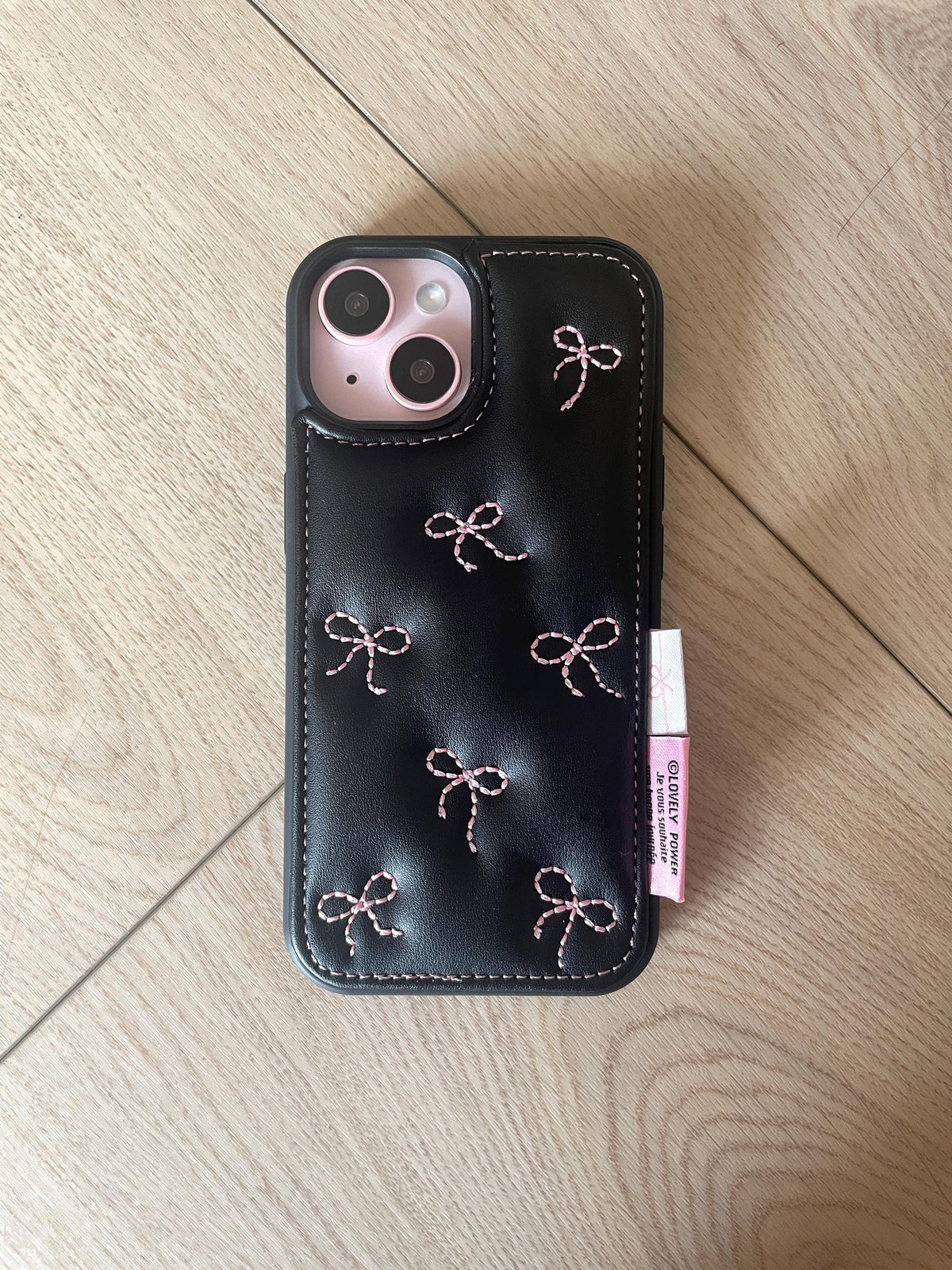 Pink Bow Embroidered Leather iPhone Case, Coquette Girly Phone Cover