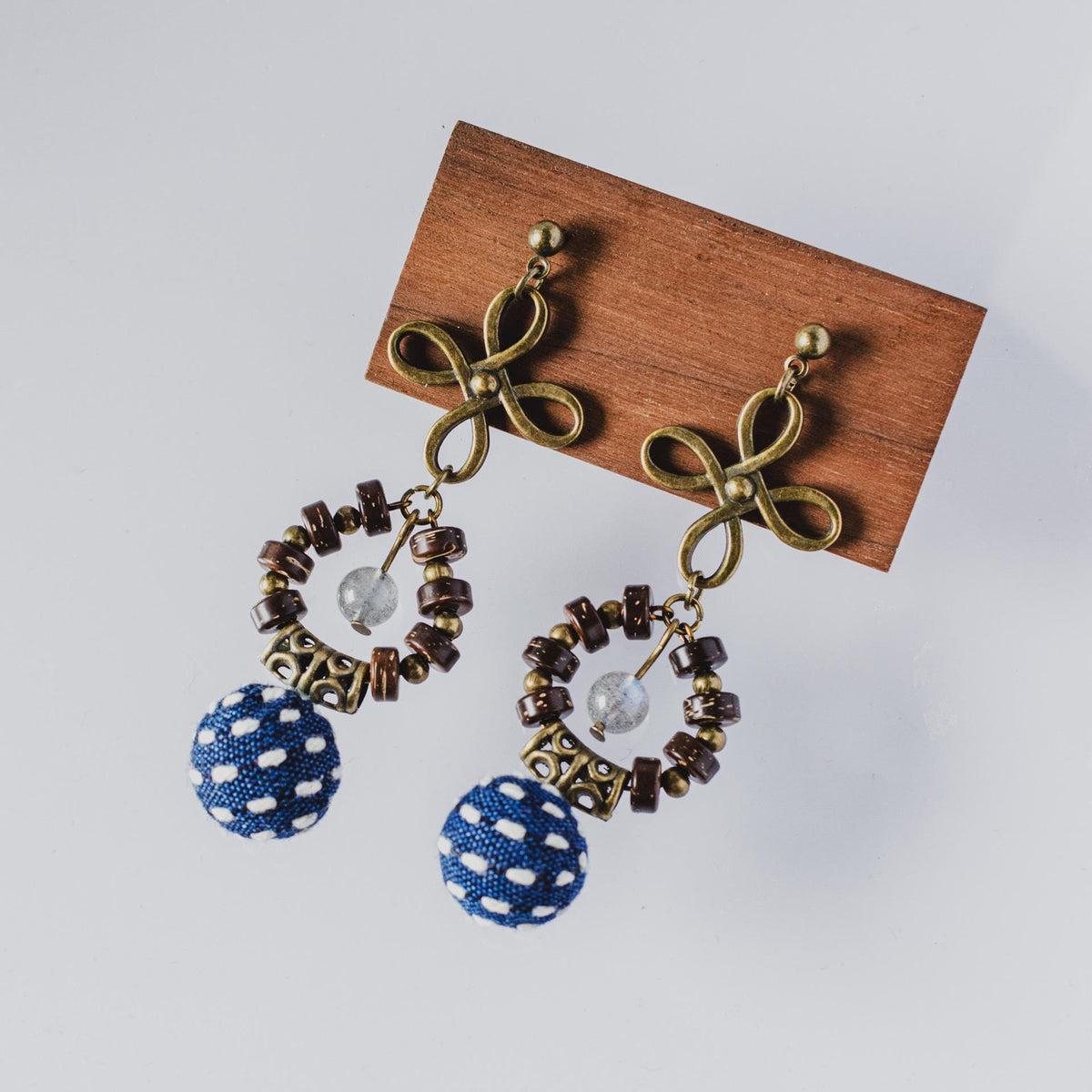 Vintage Indigo Dyed Fabric Earrings: Moonstone Dangle, Boho Style
