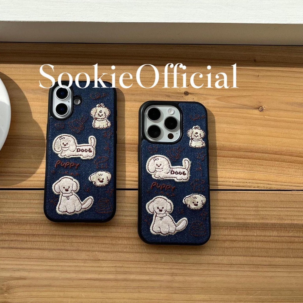 Embroidered Denim Puppy iPhone Case: Kawaii Dog Collage