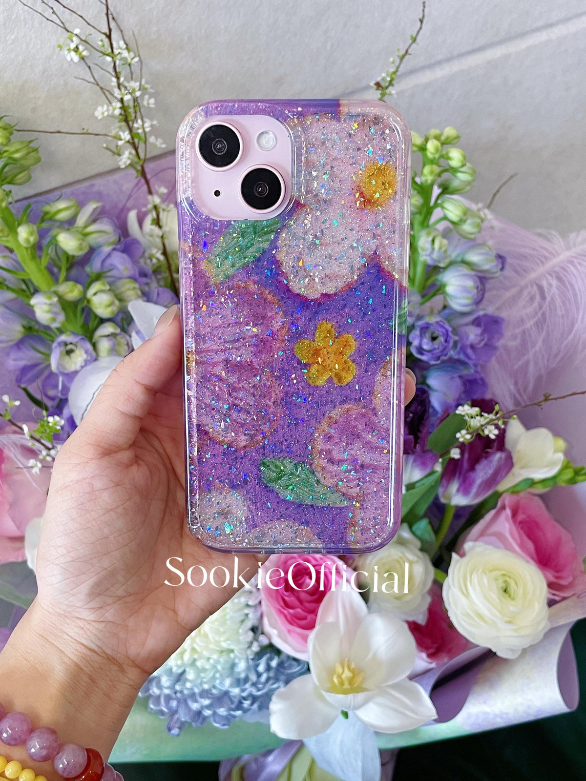 Purple Flower Glitter iPhone Case: Tough Floral Phone Cover