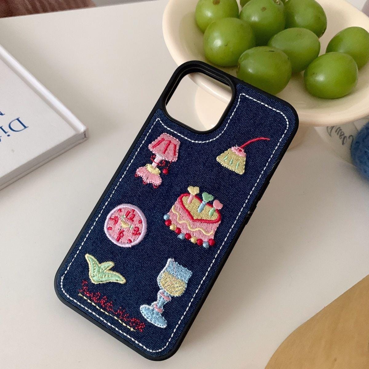Kawaii Embroidered Denim iPhone Case: Y2K Dessert Design