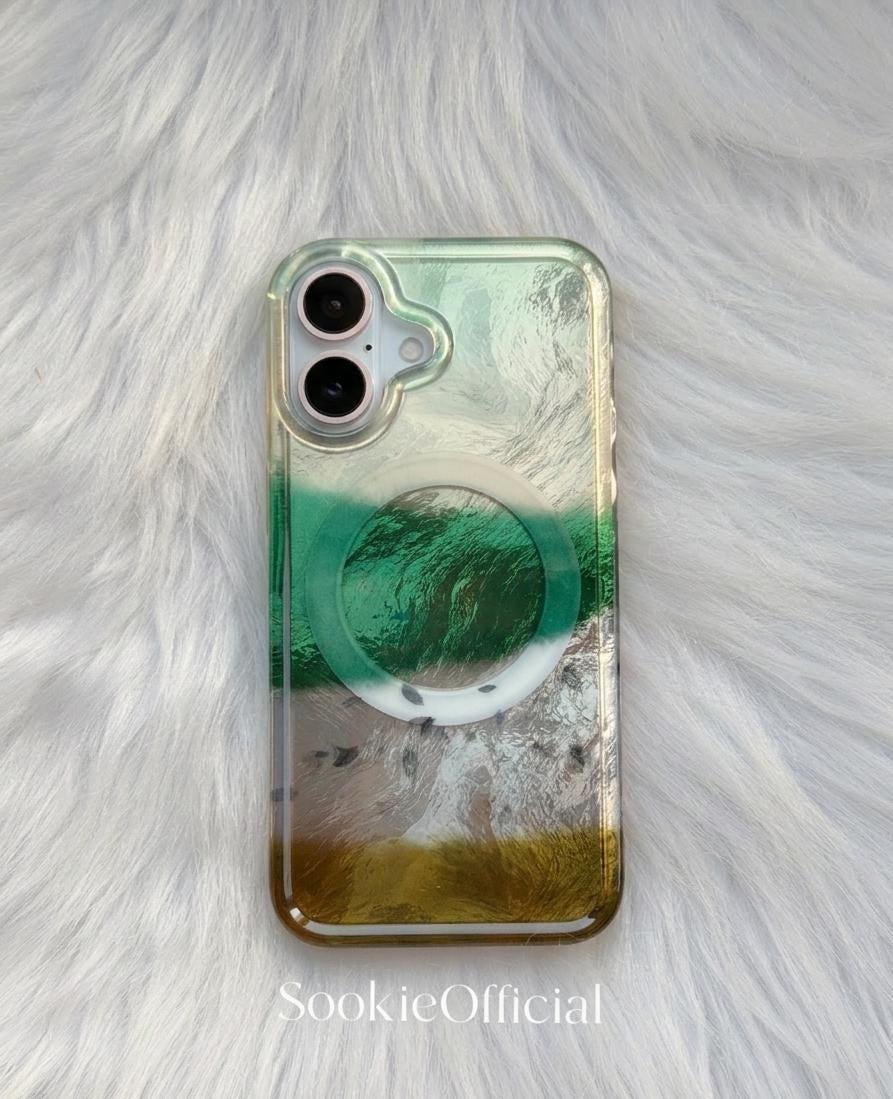 Forest Green Pearlescent Color Block iPhone Case with Chain, Glossy Meadow-Inspired MagSafe Case