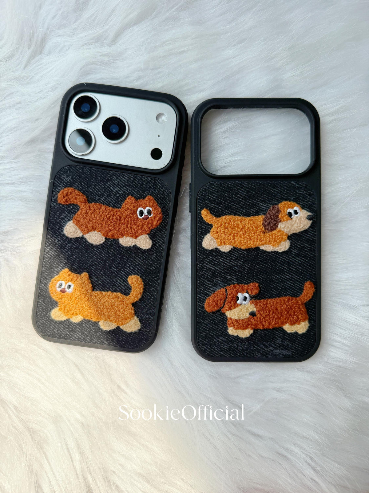 Denim Plush Cat Dog Couple iPhone Case Embroidered Animal Cover Cozy Textured Accessory