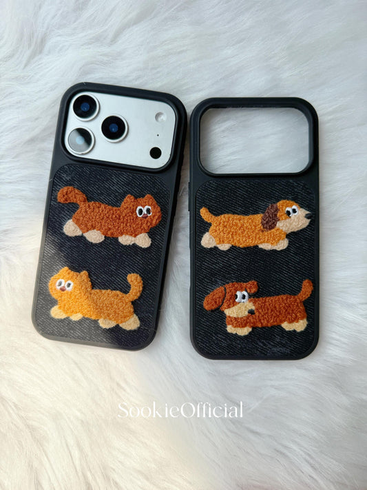 Denim Plush Cat Dog Couple iPhone Case Embroidered Animal Cover Cozy Textured Accessory
