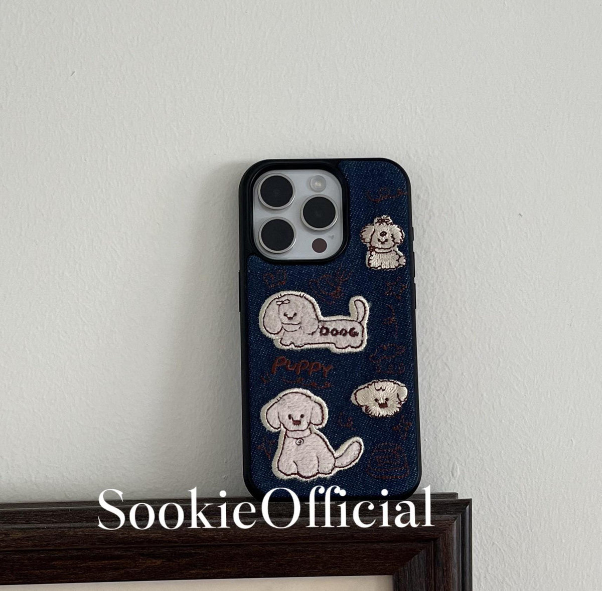 Embroidered Denim Puppy iPhone Case: Kawaii Dog Collage
