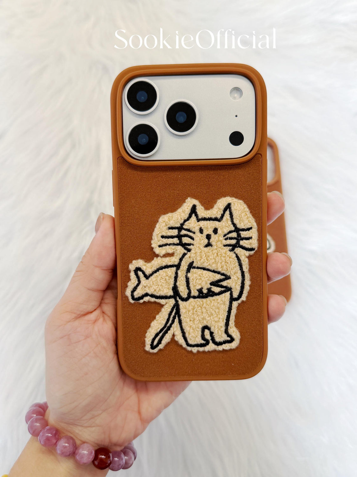 Brown Suede Plush Cat & Dog Phone Case for iPhone 17 16 15 14 13 pro max, Couple Fluffy Animal Cover