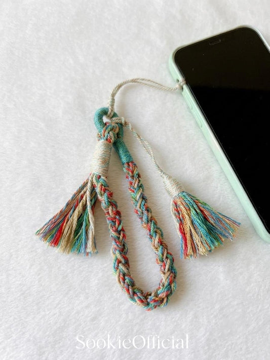 Boho Phone Wrist Strap, Teal & Rust Braided Woven Phone Charm, Camera Lanyard with Tassel