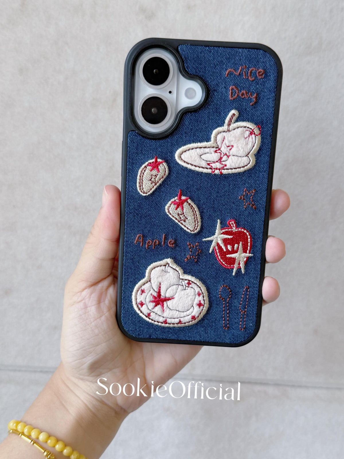 Embroidered Apple Cartoon iPhone Case for 13-17, Girly Denim Phone Cover