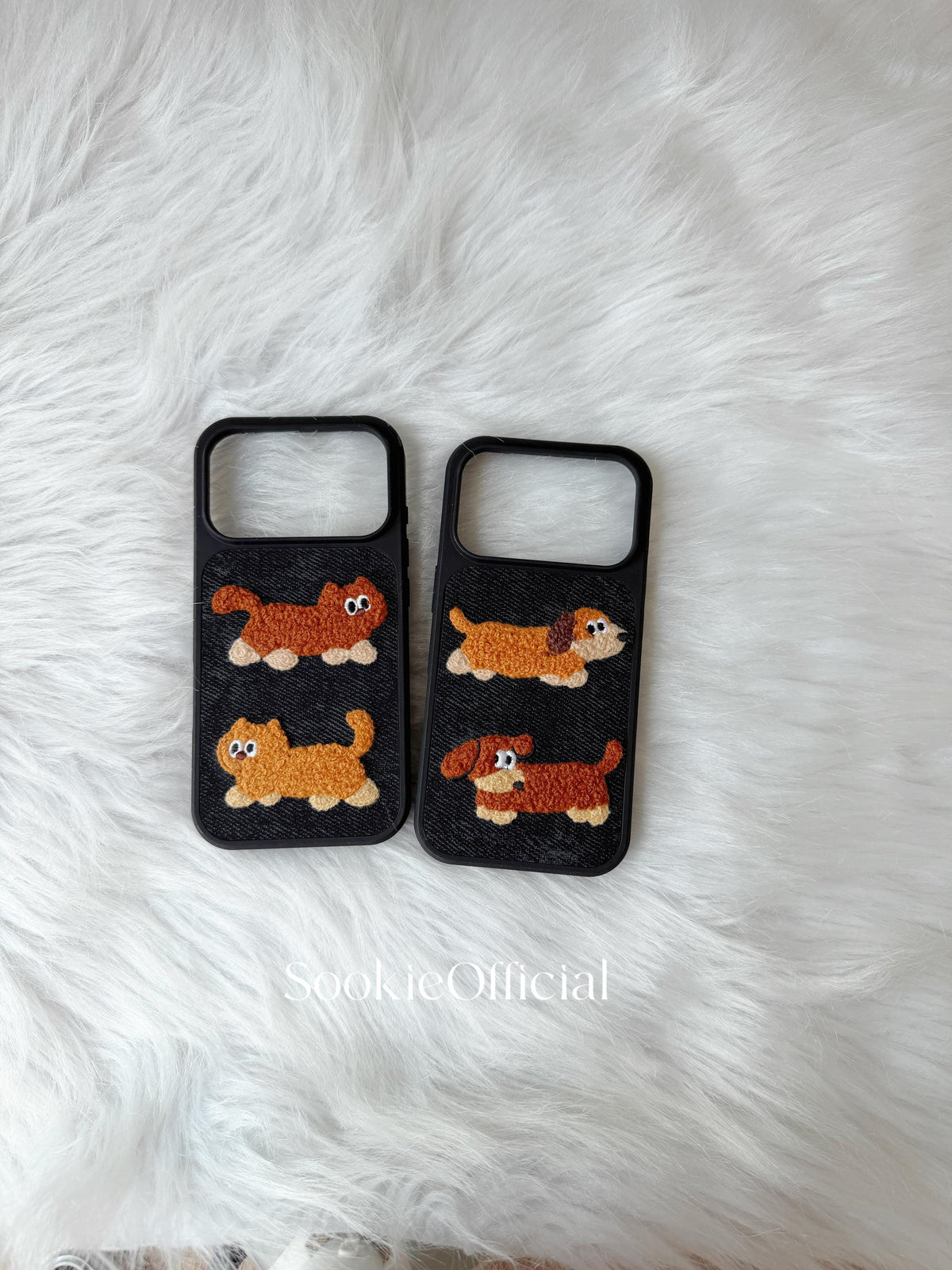 Denim Plush Cat Dog Couple iPhone Case Embroidered Animal Cover Cozy Textured Accessory