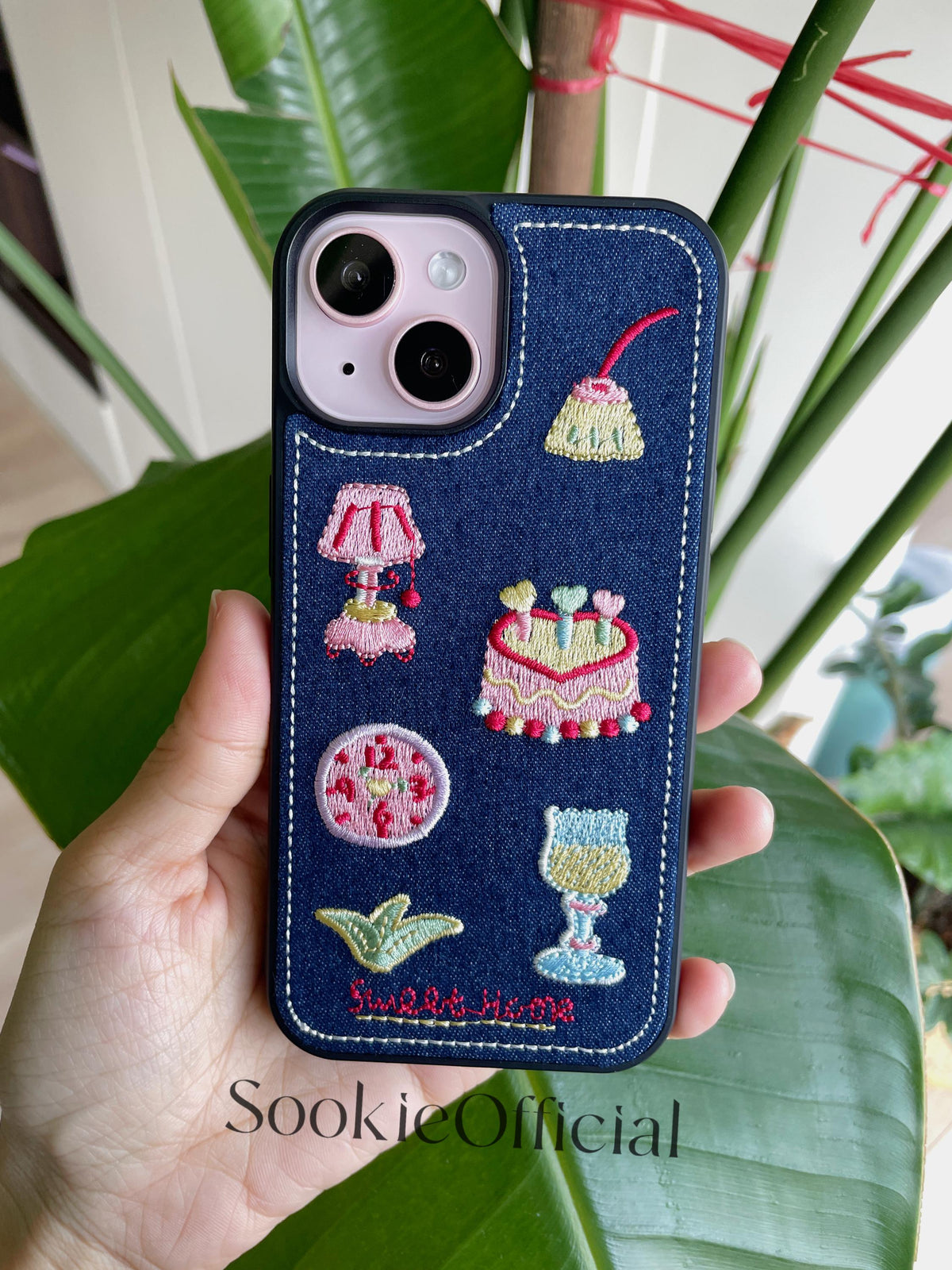 Kawaii Embroidered Denim iPhone Case: Y2K Dessert Design