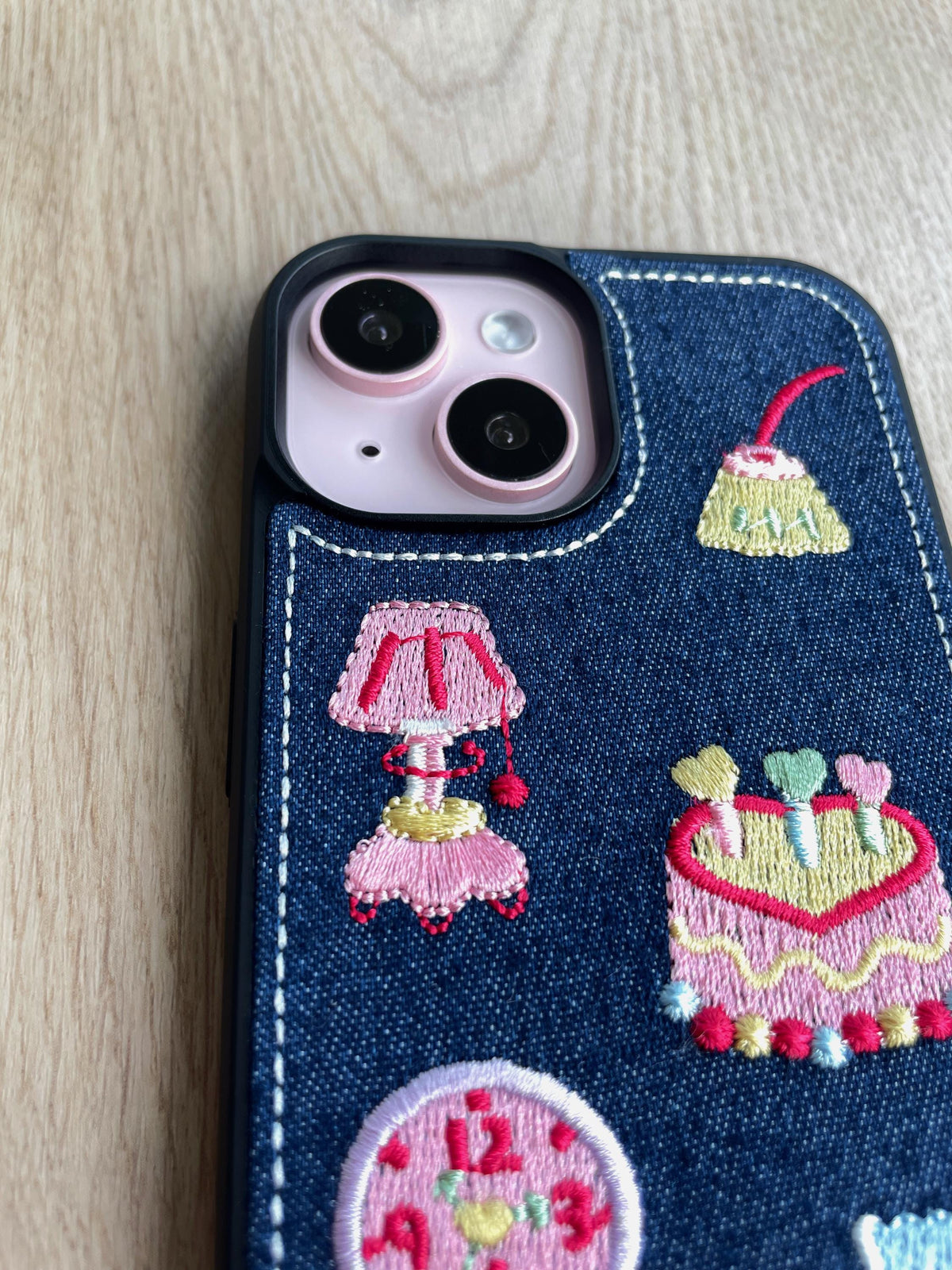 Kawaii Embroidered Denim iPhone Case: Y2K Dessert Design