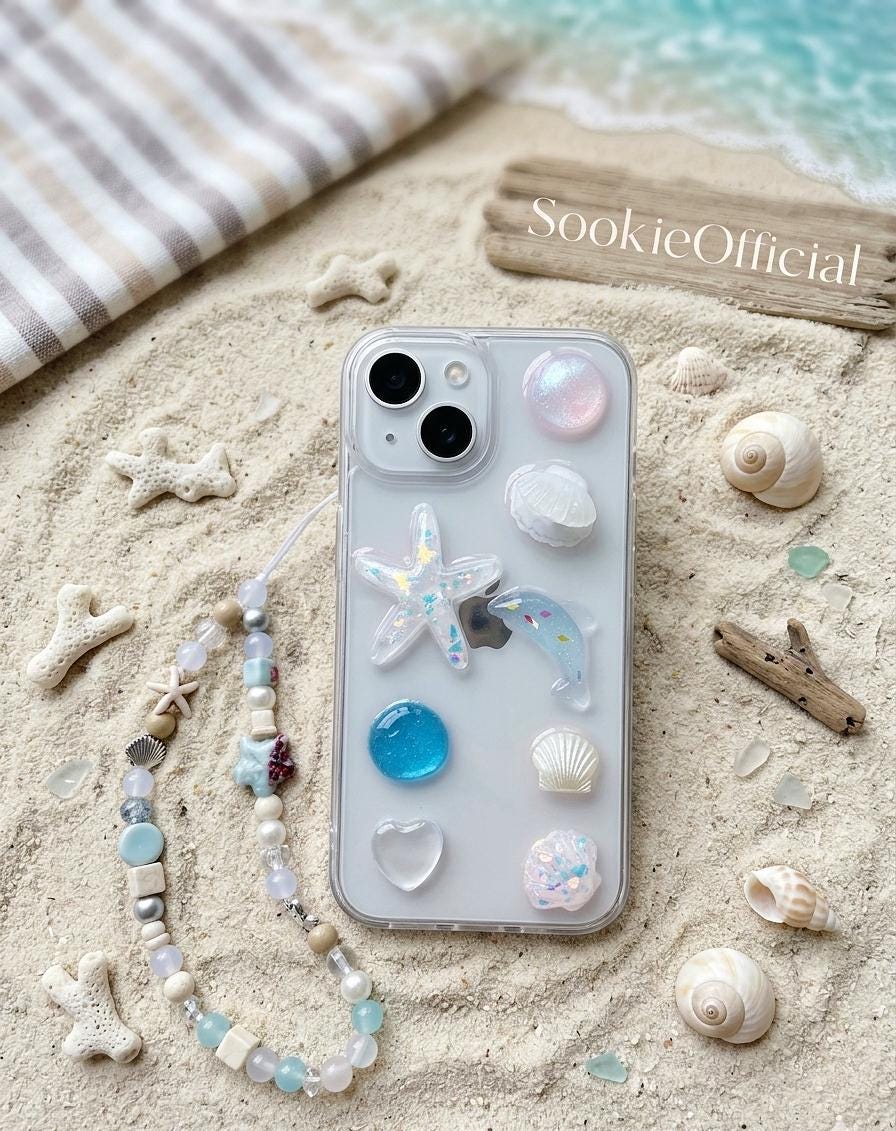 3D Seashell iPhone Case with Ceramic Chain, Resin Summer Shell Beach phone case