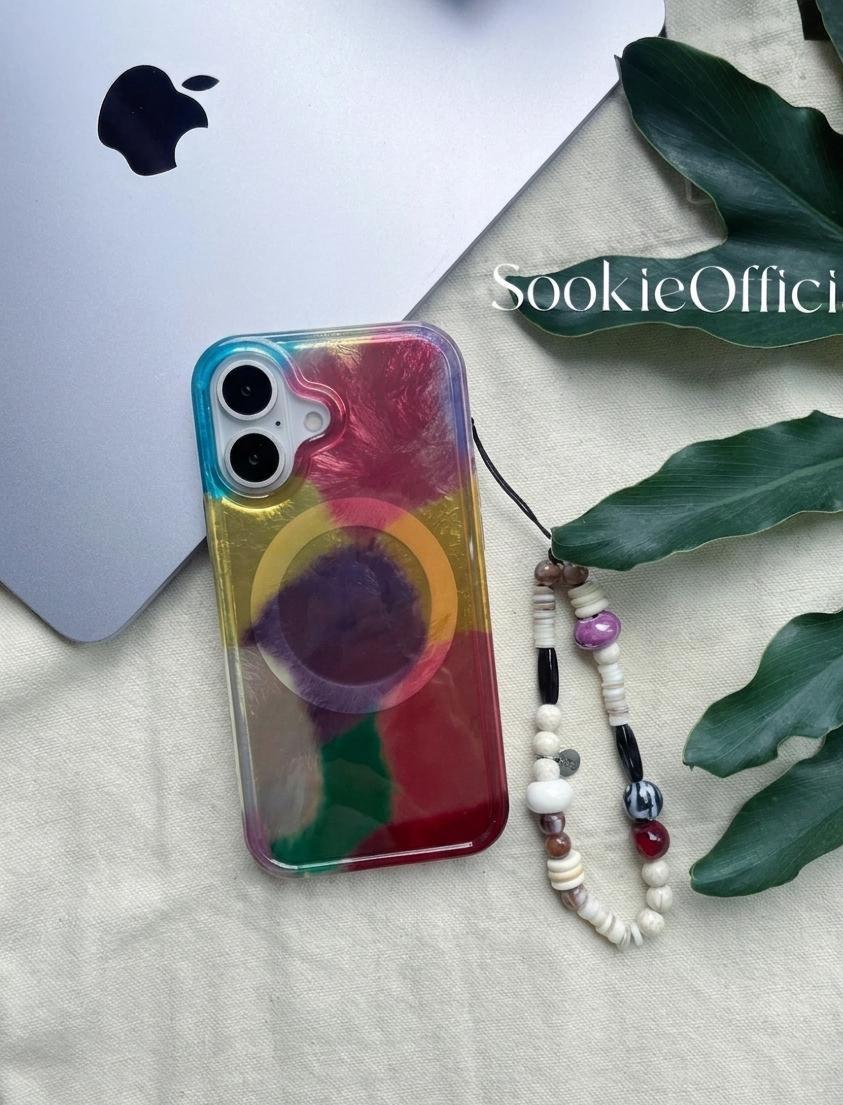 Glossy Iridescent Pearl iPhone Case with Beaded Chain, MagSafe & Standard Options
