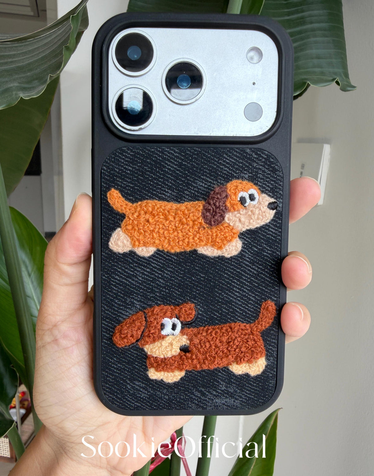 Denim Plush Cat Dog Couple iPhone Case Embroidered Animal Cover Cozy Textured Accessory