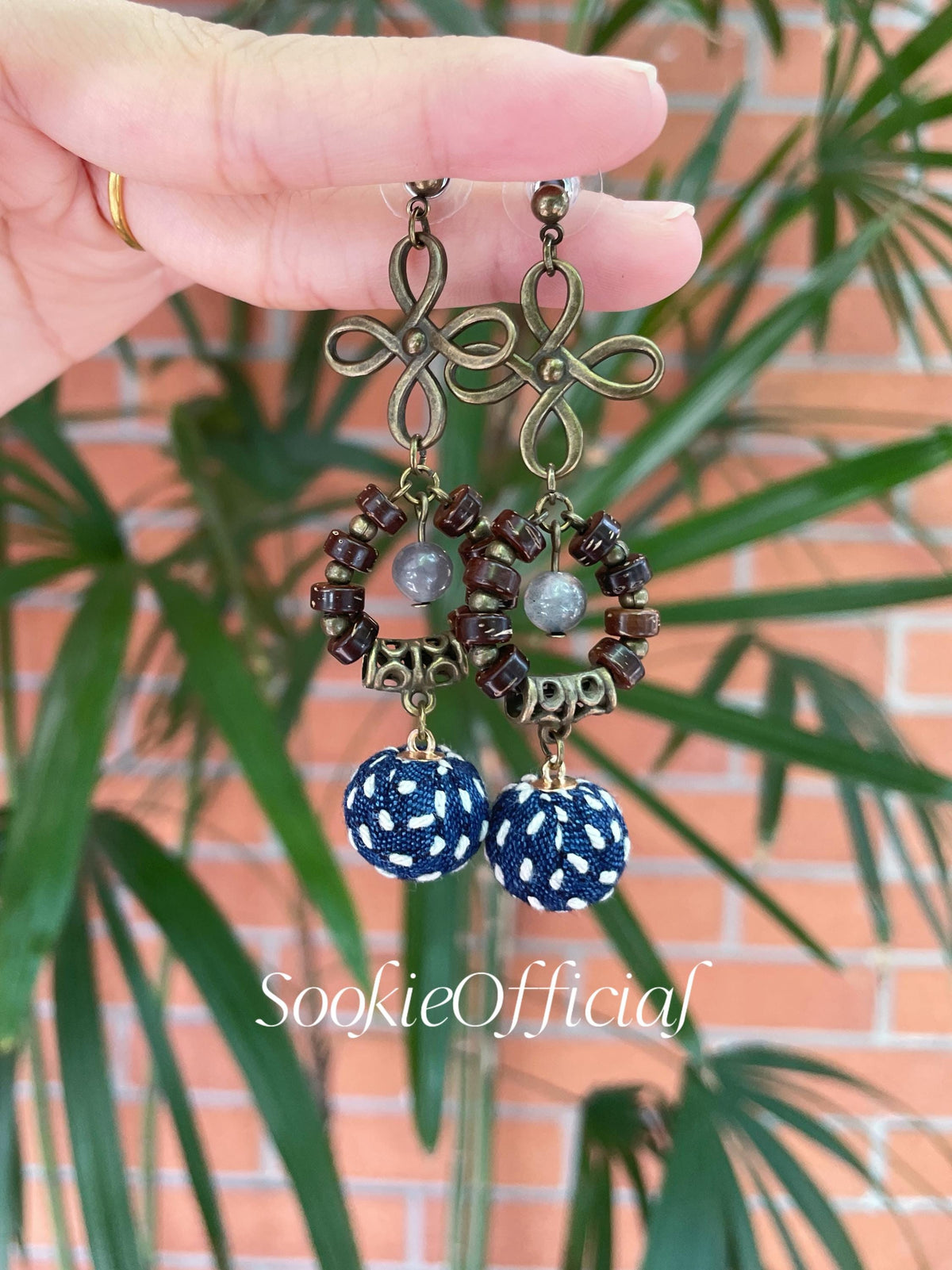 Vintage Indigo Dyed Fabric Earrings: Moonstone Dangle, Boho Style