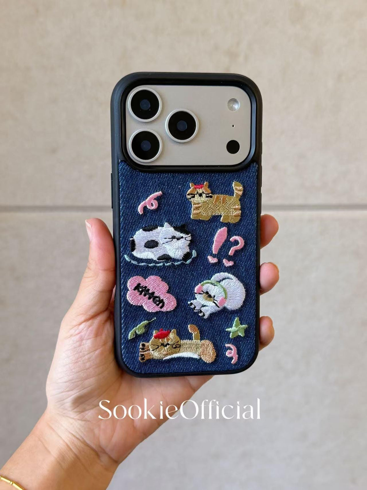 Denim Embroidered Cat iPhone Case 3D Embroidered Kitty Design for pet lover gift