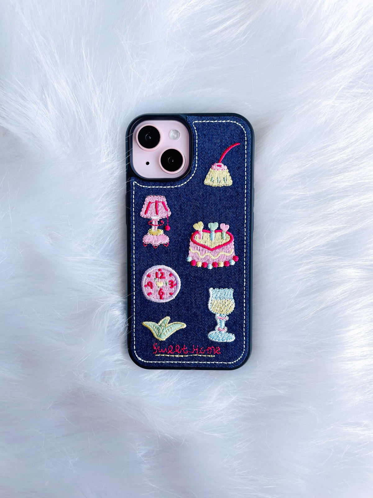 Kawaii Embroidered Denim iPhone Case: Y2K Dessert Design