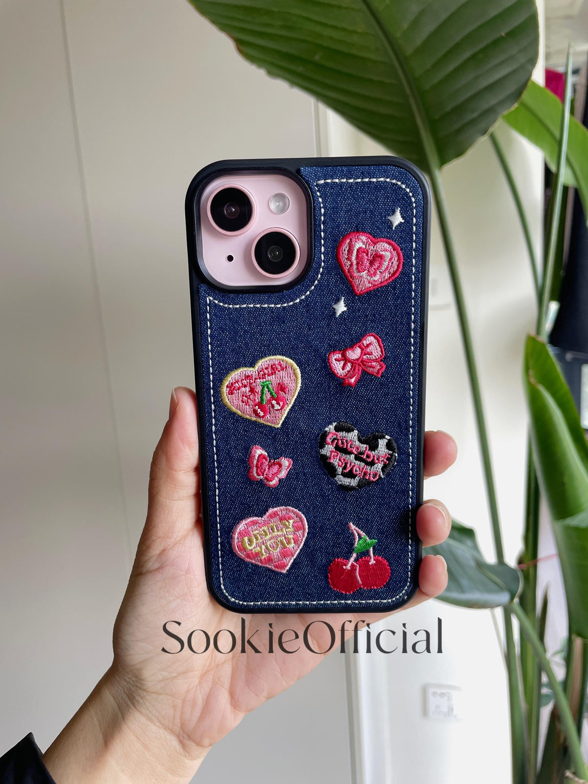 Y2K Denim Embroidered Heart Bow Cherry iPhone Case, 3D Embroidery Design,iphone 17 pro