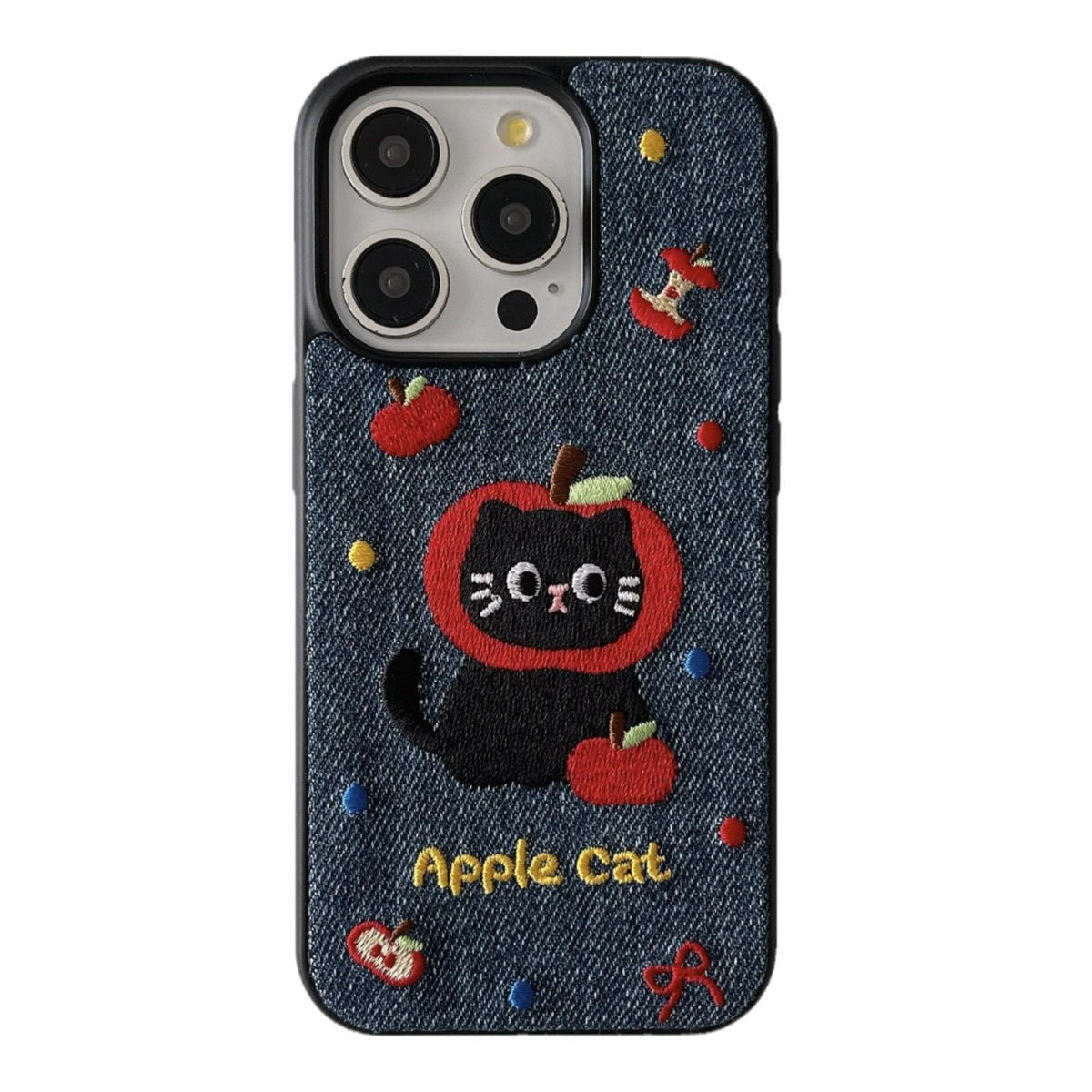 Embroidered Apple Cat Denim iPhone Case, Girly Phone Cover