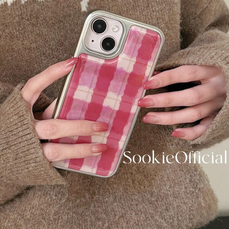 Pink Plaid iPhone Case �?Watercolor Preppy Design, Silver Edge Protective Cover