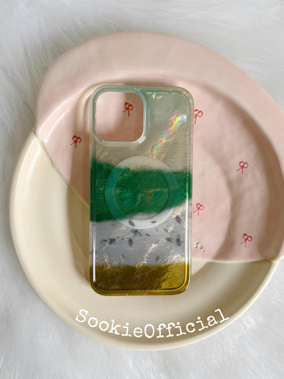 Forest Green Pearlescent Color Block iPhone Case with Chain, Glossy Meadow-Inspired MagSafe Case