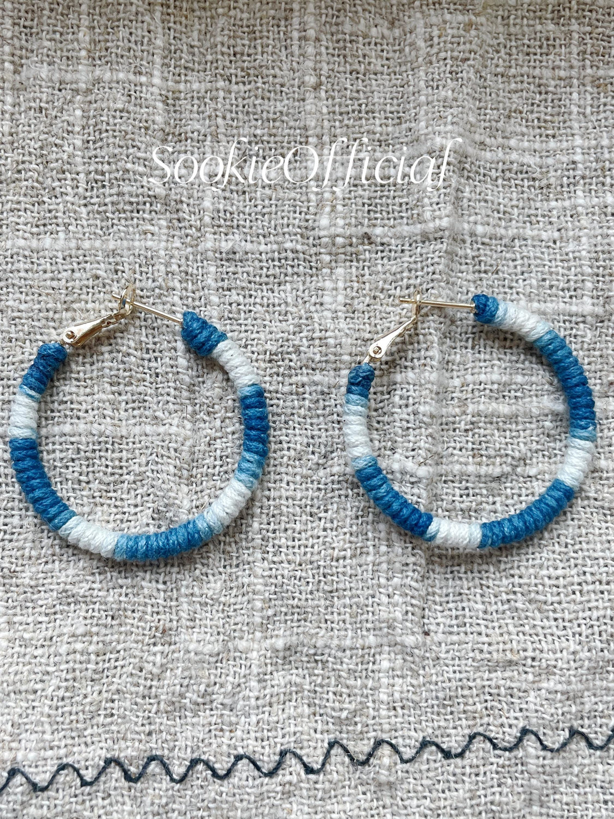 Indigo Dyed Cotton Hoop Earrings: 14K Gold Bohemian Jewelry