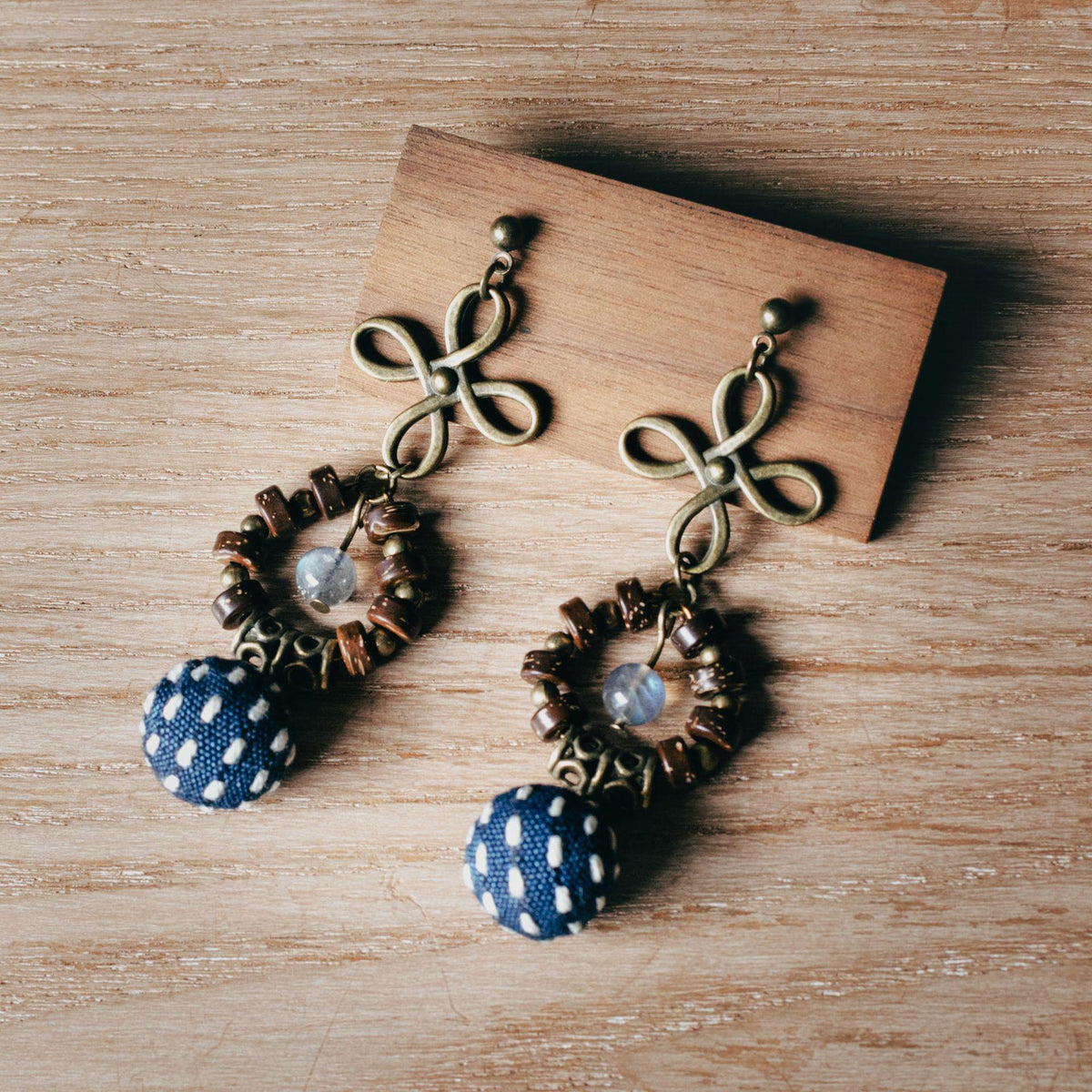Vintage Indigo Dyed Fabric Earrings: Moonstone Dangle, Boho Style