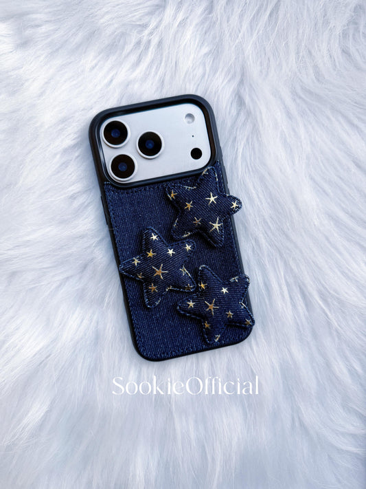 Y2K Denim Phone Case with 3D Stars  Blue Jean Phone Case Retro Star Cover for iPhone 13-17