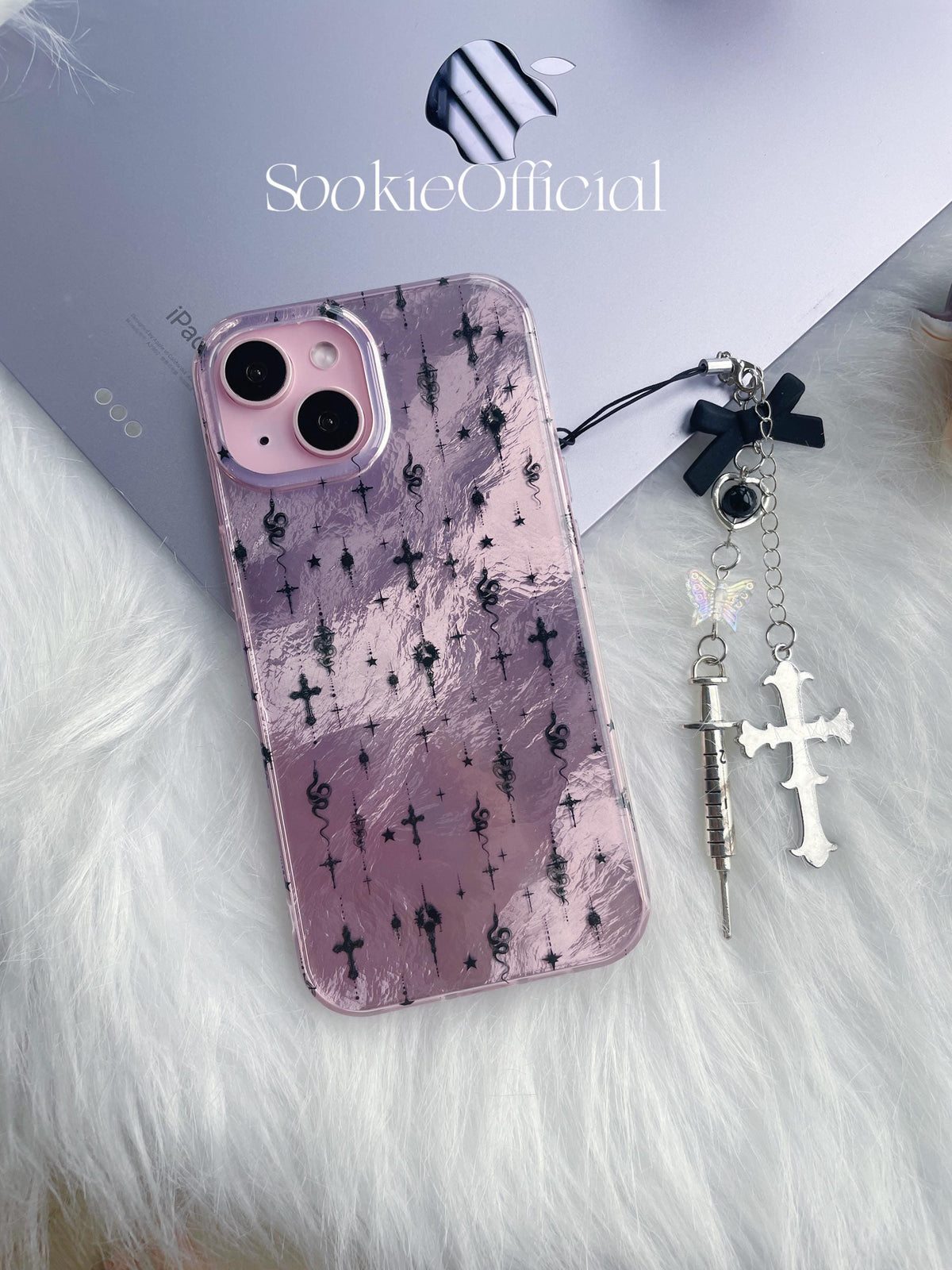 Glossy Gothic Purple iPhone Case with Chain, Y2K Sparkling Protective Cover