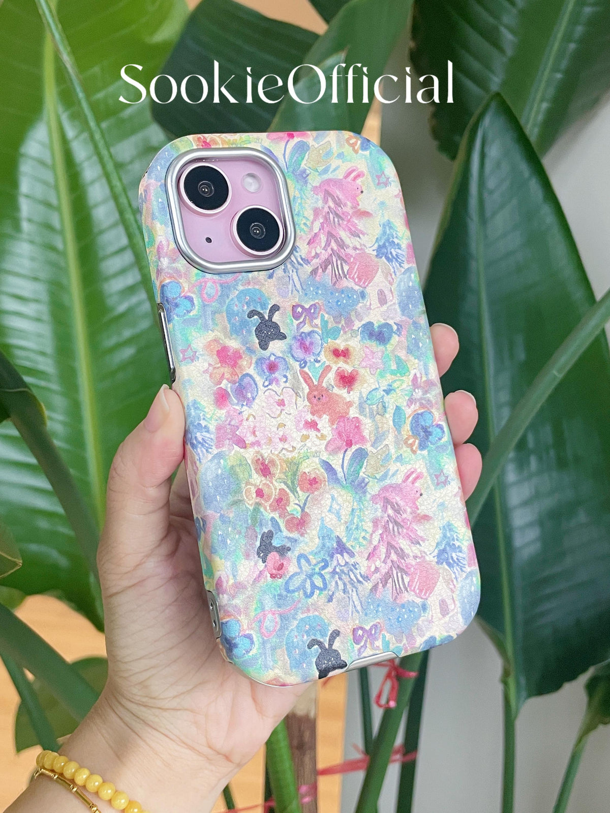 Watercolor Bunny iPhone Case for 13-17, Pink Leather-Feel Full Protection cover