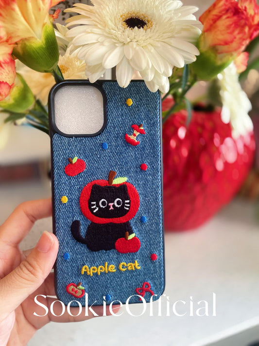 Embroidered Apple Cat Denim iPhone Case, Girly Phone Cover