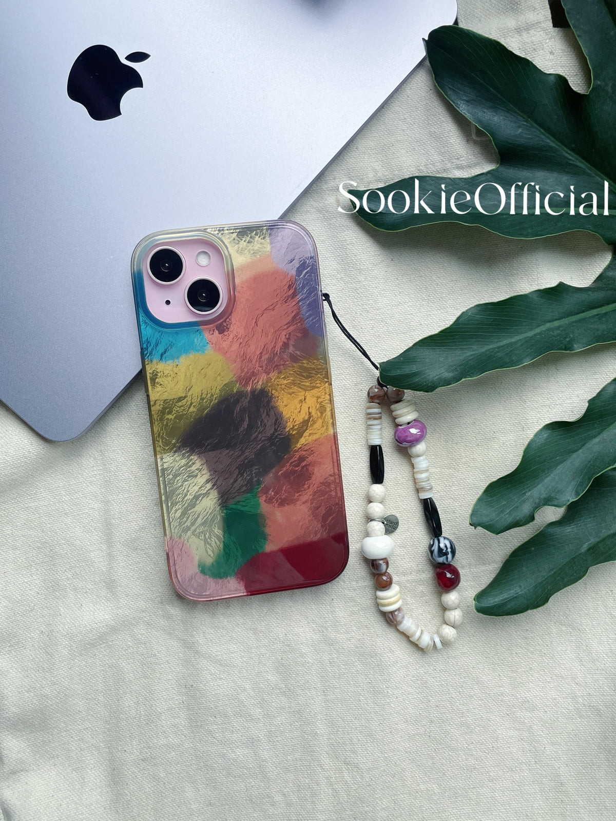 Glossy Iridescent Pearl iPhone Case with Beaded Chain, MagSafe & Standard Options