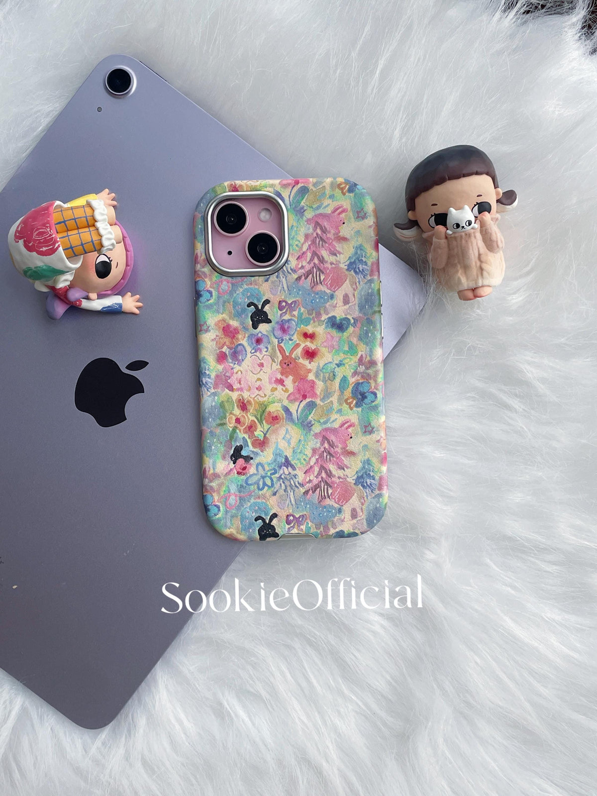 Watercolor Bunny iPhone Case for 13-17, Pink Leather-Feel Full Protection cover