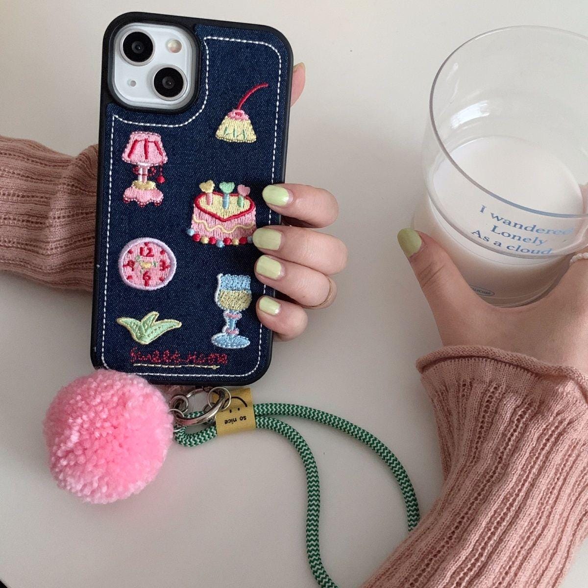 Kawaii Embroidered Denim iPhone Case: Y2K Dessert Design