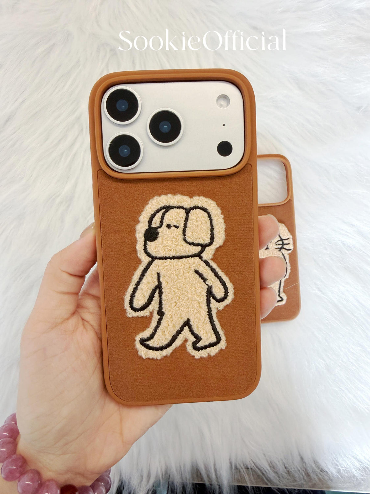Brown Suede Plush Cat & Dog Phone Case for iPhone 17 16 15 14 13 pro max, Couple Fluffy Animal Cover