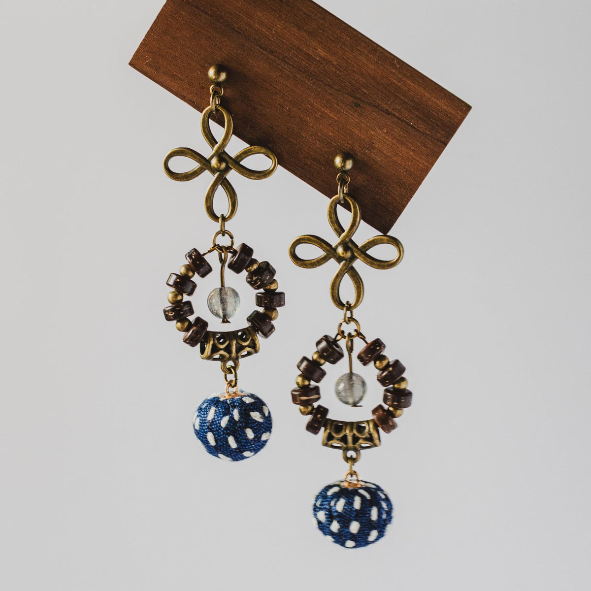 Vintage Indigo Dyed Fabric Earrings: Moonstone Dangle, Boho Style