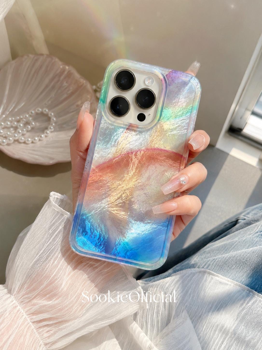 Aurora Pearl iPhone Case, Iridescent Ocean Gradient Glossy Phone Case (MagSafe Option)