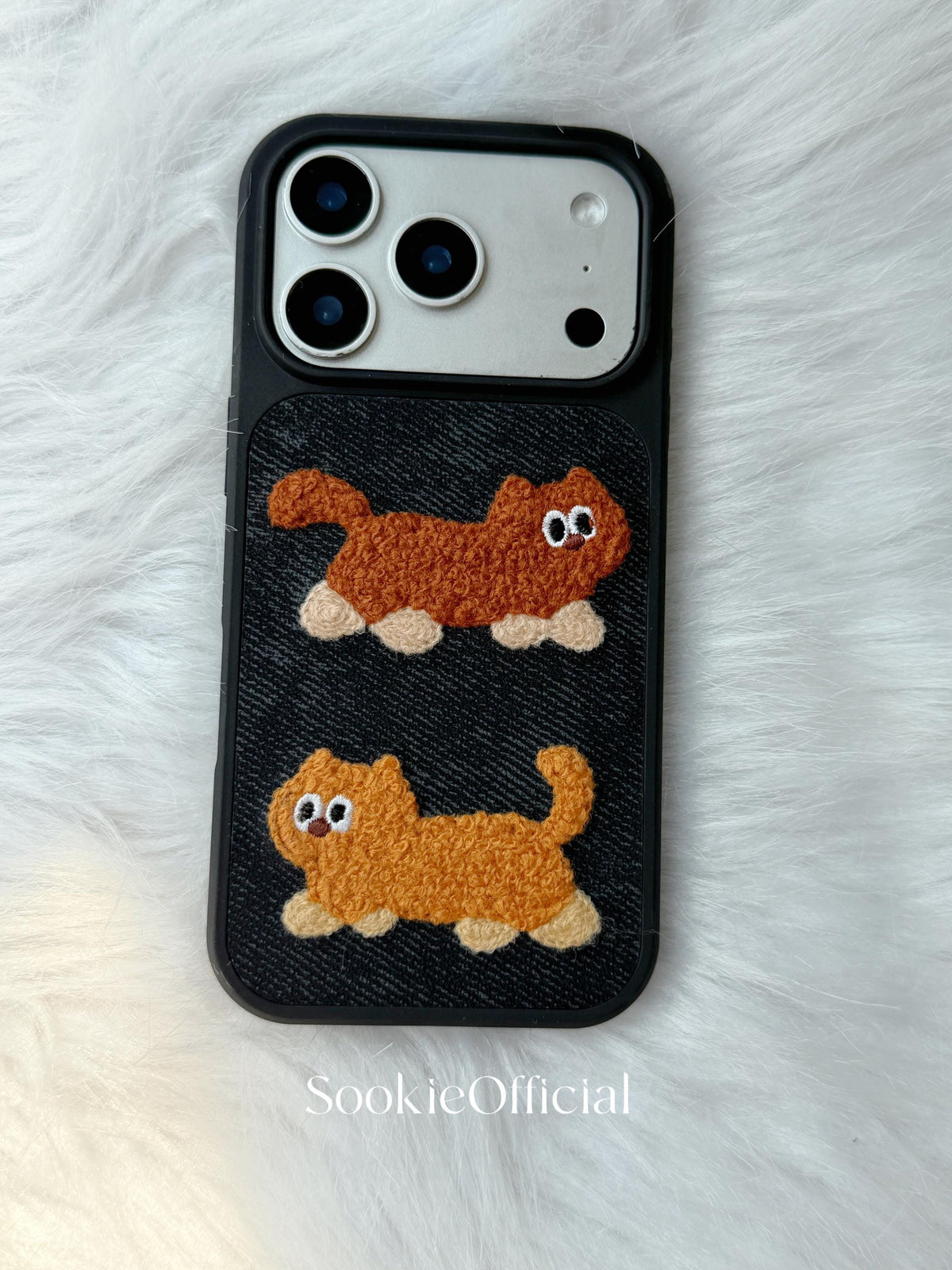 Denim Plush Cat Dog Couple iPhone Case Embroidered Animal Cover Cozy Textured Accessory