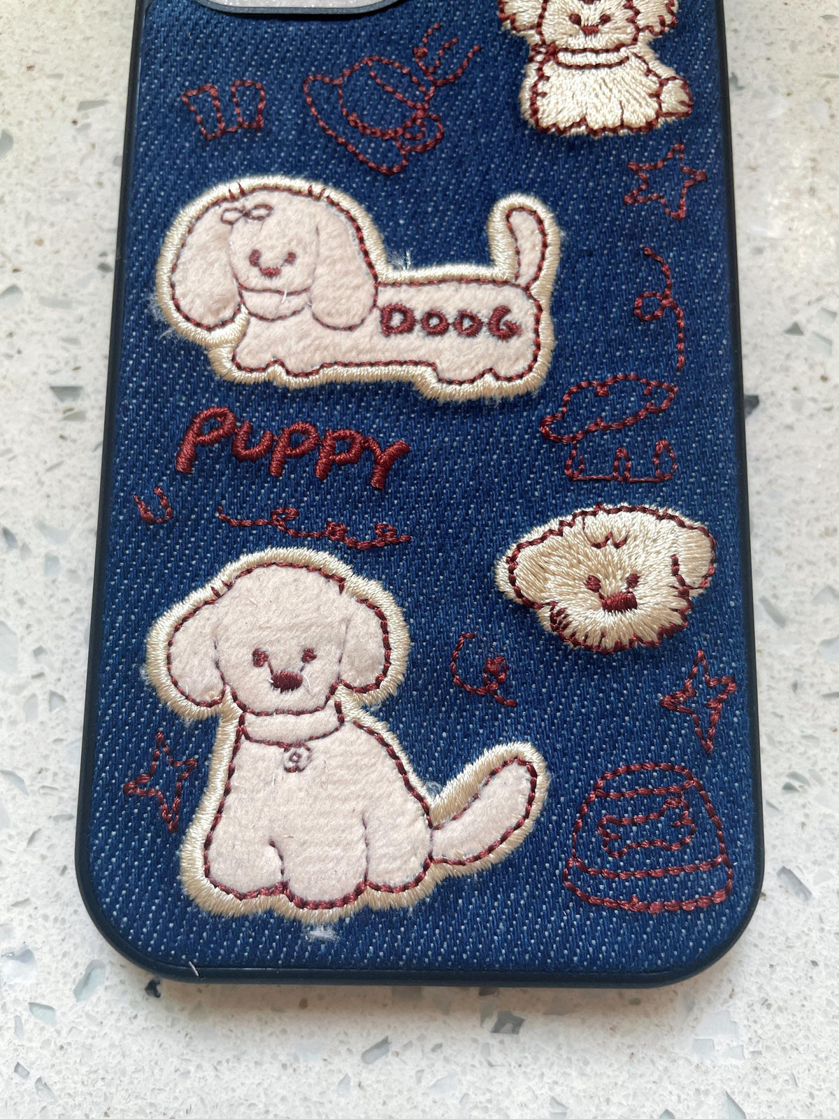 Embroidered Denim Puppy iPhone Case: Kawaii Dog Collage