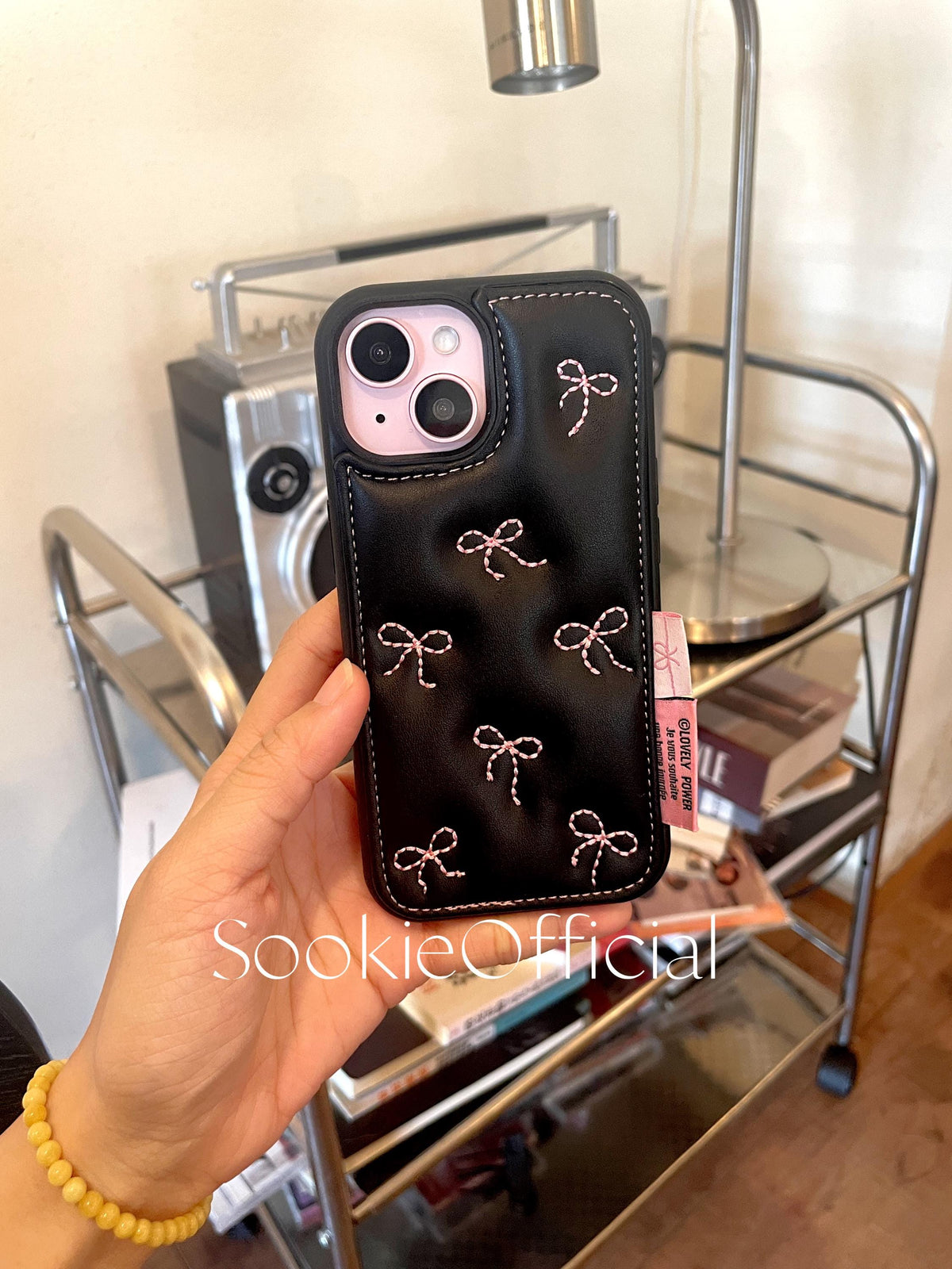 Pink Bow Embroidered Leather iPhone Case, Coquette Girly Phone Cover