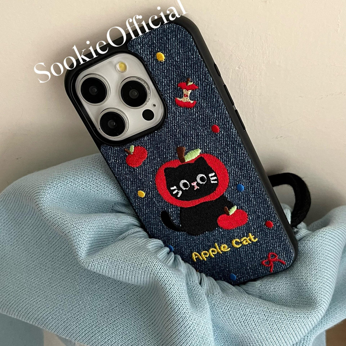 Embroidered Apple Cat Denim iPhone Case, Girly Phone Cover