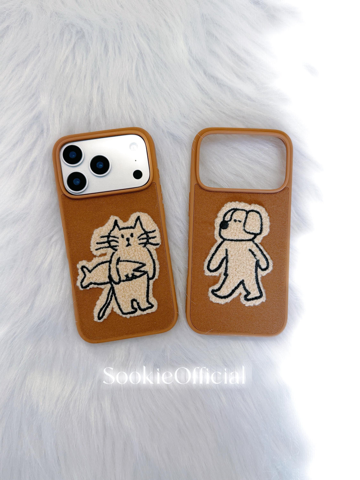 Brown Suede Plush Cat & Dog Phone Case for iPhone 17 16 15 14 13 pro max, Couple Fluffy Animal Cover