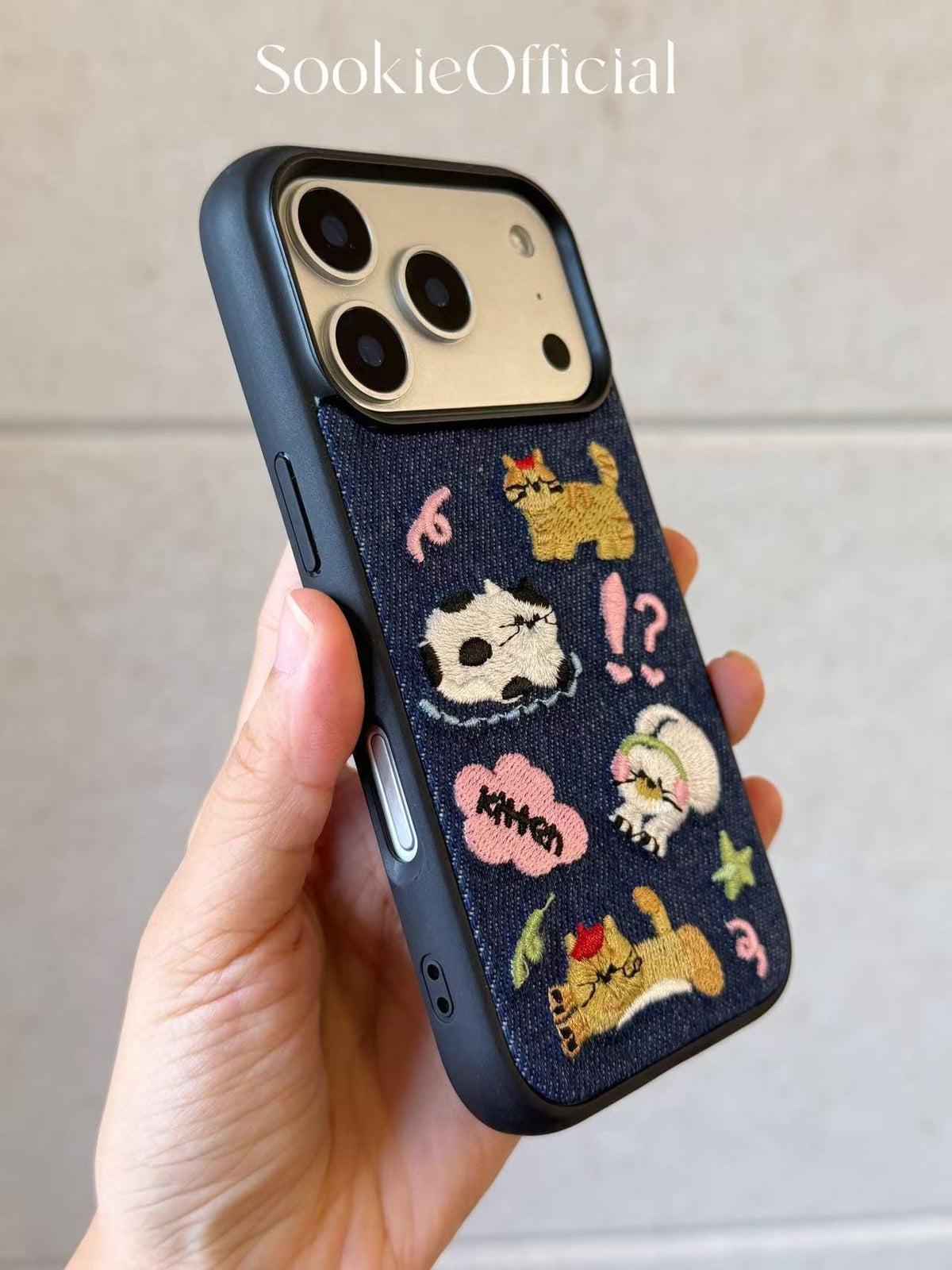 Denim Embroidered Cat iPhone Case 3D Embroidered Kitty Design for pet lover gift