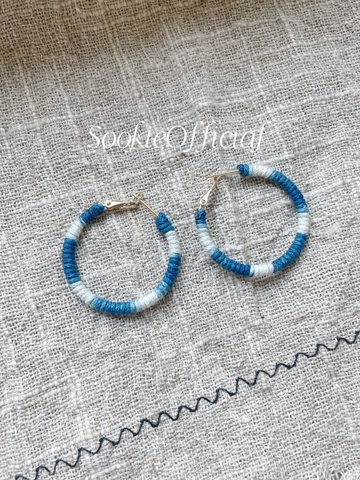 Indigo Dyed Cotton Hoop Earrings: 14K Gold Bohemian Jewelry