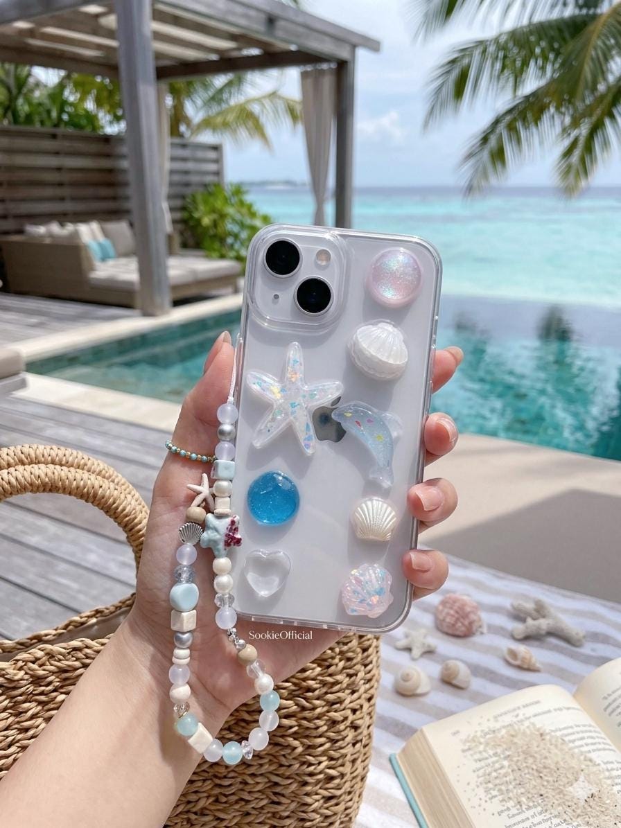 3D Seashell iPhone Case with Ceramic Chain, Resin Summer Shell Beach phone case