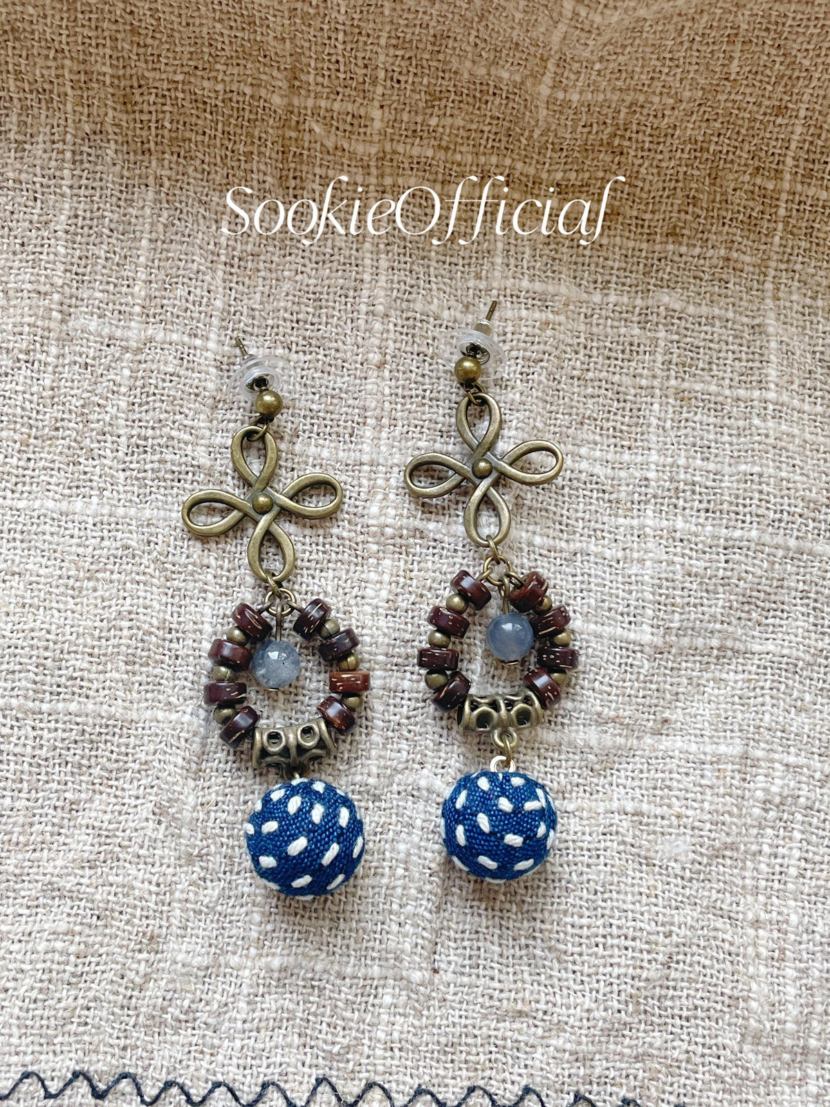 Vintage Indigo Dyed Fabric Earrings: Moonstone Dangle, Boho Style