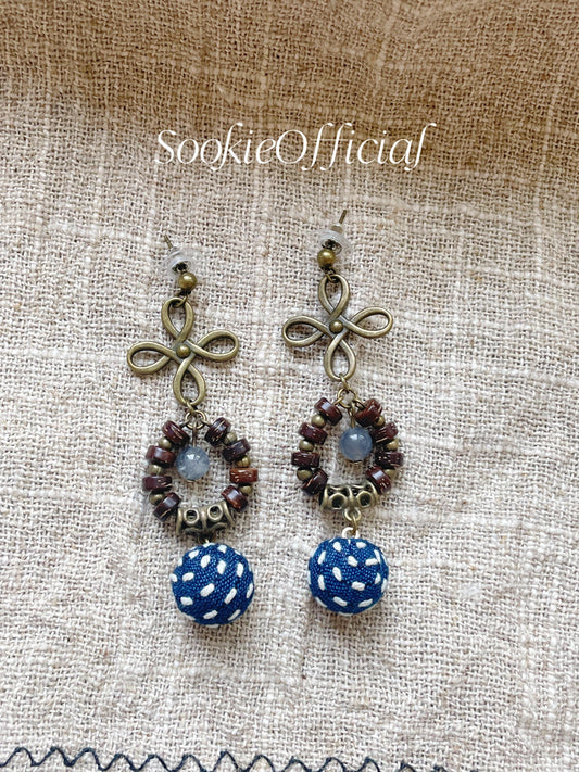 Vintage Indigo Dyed Fabric Earrings: Moonstone Dangle, Boho Style